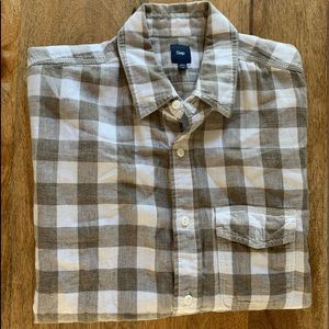 White & taupe gingham collared button down shirt